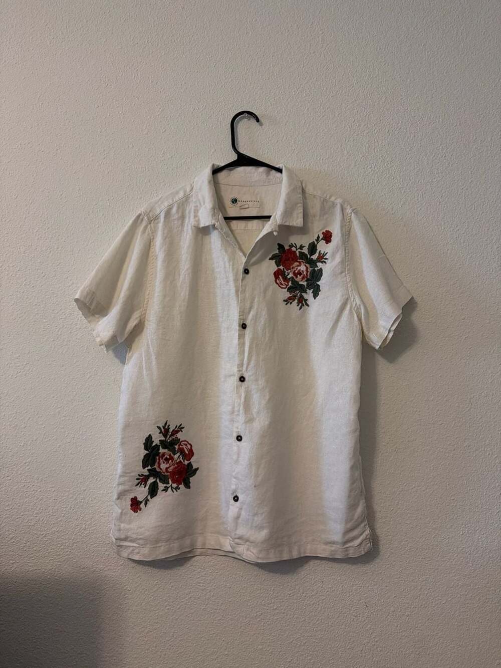 Aeropostale Womens White Linen Blend Floral Rose Embroidered Button Down Shirt M
